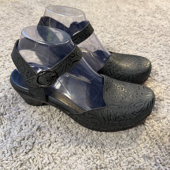 Dansko Sam Mary Jane Black Embossed Leather Womens 38 Sandal Ankle Strap - Picture 1 of 6